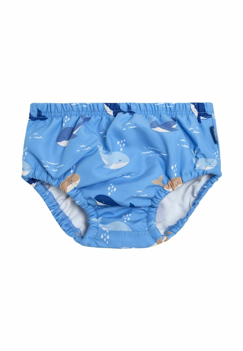 Costum de baie albastru pentru nevoile copiilor, cu un model de balene și apă, realizat dintr-un material elastic, cu talie elastică și laterale adunate.