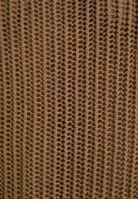 Brown knitted fabric featuring a consistent open weave pattern, textured with interlocking loops and vertical lines, creating a net-like appearance.