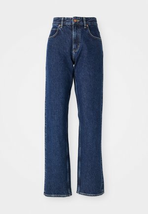 Dark blue high-waist straight-leg denim jeans with front button, zipper closure, and visible stitching on pockets and seams.
