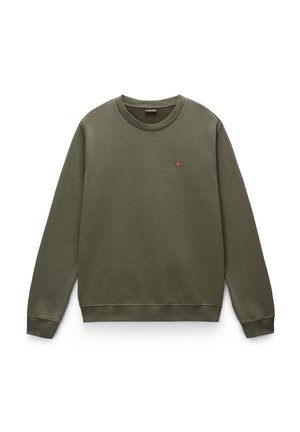 Olijfgroene sweatshirt van zachte stof, met een ronde hals en geribbelde manchetten. Een klein, gekleurd logo is op de borst geplaatst.