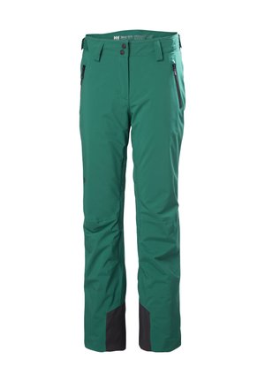 Pantalones de esquí verdes fabricados con material suave y resistente al agua. Incluye bolsillos con cremallera en los laterales, puños negros reforzados y una cintura con botón.