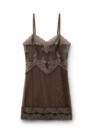 Brun gennemsigtig lingeri natkjole med blomstret blonderkant langs barmen, kanten og overkroppen, med tynde justerbare skulderstropper.