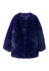 Cappotto in pelliccia sintetica di un profondo blu con maniche lunghe e scollatura rotonda, esposto su uno sfondo bianco.