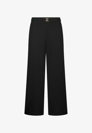 Schwarze weit geschnittene Hosen mit einer glatten Textur, ausgestattet mit einer goldenen Logo-Gürtelschnalle und einem taillierten Bund für eine strukturierte Passform.