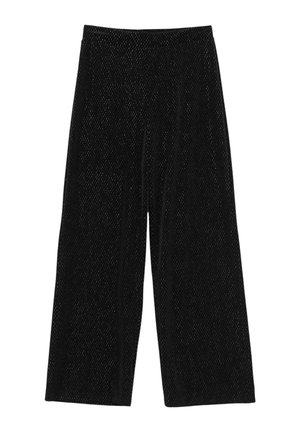 Culotte neri in tessuto texturizzato; design a gamba larga; cintura elastica senza chiusure visibili; superficie liscia; lucentezza minima.