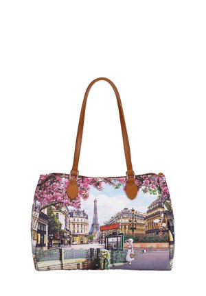 Borsa in tela con manici in pelle marrone, con una stampa del paesaggio urbano di Parigi che include la Torre Eiffel e fiori di ciliegio.