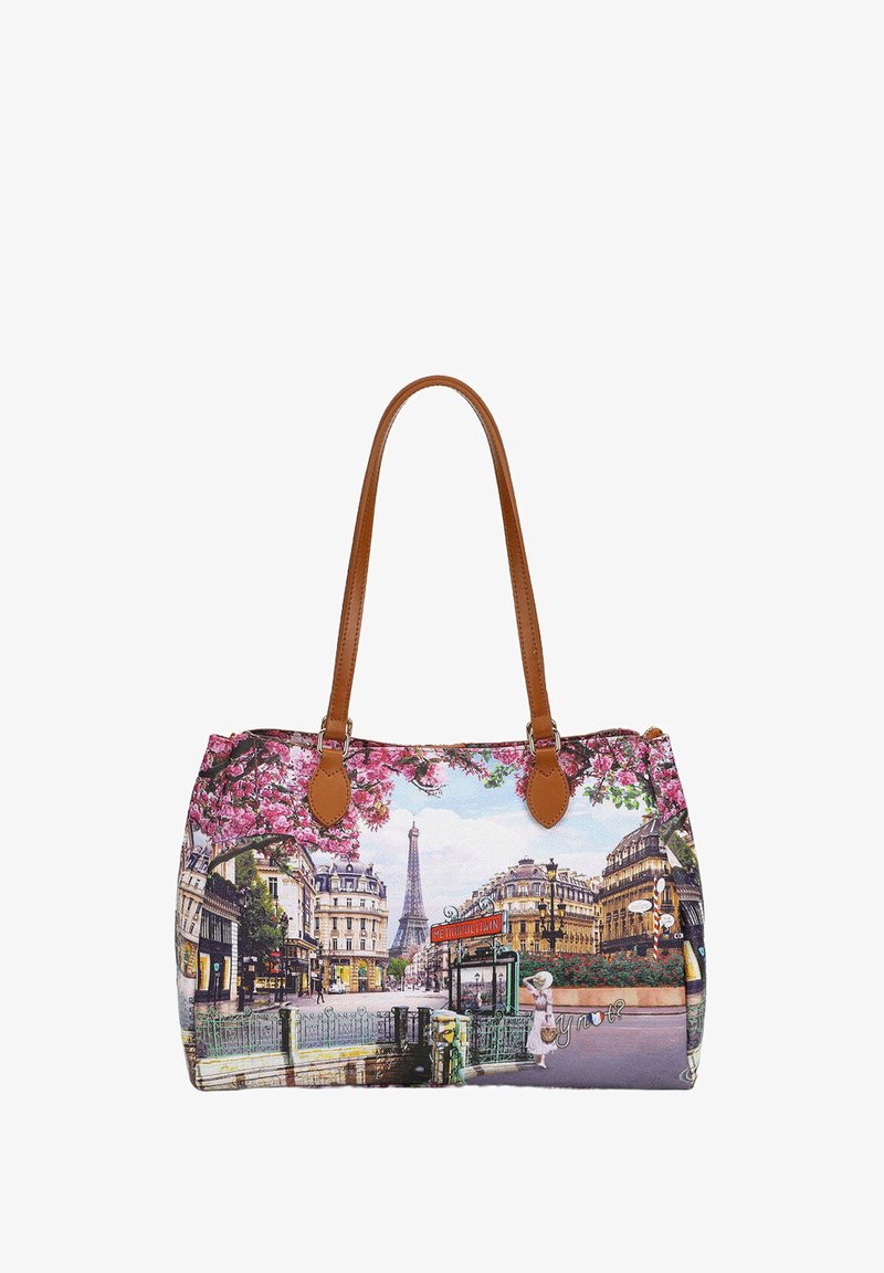 Borsa in tela con manici in pelle marrone, con una stampa del paesaggio urbano di Parigi che include la Torre Eiffel e fiori di ciliegio.