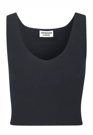 Black ribbed tank top with wide shoulder straps and a U-shaped neckline, featuring a label that reads "COPENHAGEN STUDIOS."