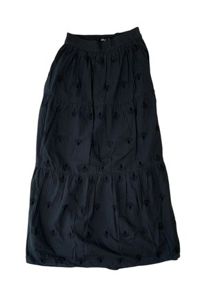 Gonna nera a pieghe realizzata in tessuto leggero con ricami floreali a texture. Vita elasticizzata e silhouette rilassata.
