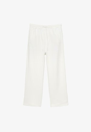 White wide-leg sweatpants with elastic waistband and adjustable drawstring, featuring side pockets, laid flat on a white background.