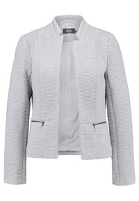Hellegrauer texturierter Blazer ohne Kragen, mit vorderen Reißverschlusstaschen und strukturierten Ärmeln. Geeignet für legere oder formelle Anlässe.