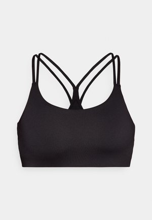 Fekete sportmelltartó sima, puha anyagból. Jellemzője a lekerekített nyakú ellen, és a háton keresztben átlapoló vékony pántok. Nincs látható fém alkatrész.