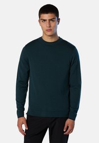 Dunkelblauer Langarm-Pullover aus weichem Material, mit einem gerippten Halsausschnitt und Bündchen sowie einem geraden Saum mit minimalen Details.