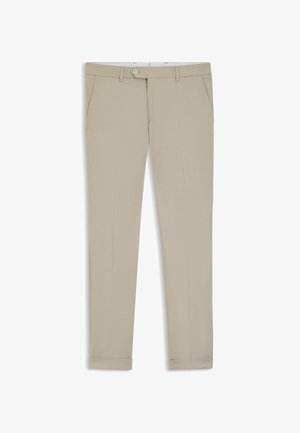 Pantaloni beige in tessuto dalla trama liscia, con chiusura a bottone, tasche anteriori e gamba affusolata con polsini alle caviglie.