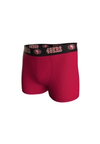 Boxer shorts rojos hechos de una tela elástica con una cinturilla negra que presenta "49ERS" y un logo, diseñados para comodidad y soporte.