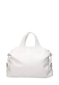 Borsa a mano in pelle bianca con doppi manici, forma rotonda e dettagli in metallo color oro sulle cinghie laterali regolabili.