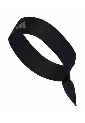 Bandeau de sport texturé noir avec un nœud noué à une extrémité et un logo réfléchissant à trois barres sur le devant.