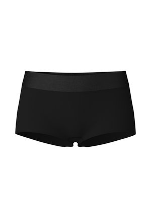 Zwarte boxershort in boxerstijl met een brede, gladde tailleband, gemaakt van zachte stof met een rekbare textuur en zonder zichtbare patronen.
