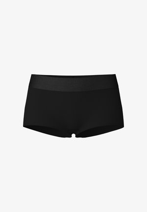 Zwarte boxershort in boxerstijl met een brede, gladde tailleband, gemaakt van zachte stof met een rekbare textuur en zonder zichtbare patronen.
