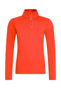 Rode lange mouwen pullover met een halve rits. Gemaakt van een glad, rekbaar materiaal. Voorzien van een logo op de voorkant.