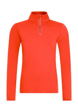 Punainen pitkähihainen neule, jossa on puolivetoketju kauluksessa. Valmistettu sileästä ja joustavasta materiaalista. Edessä on logo.