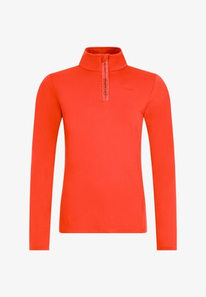 Punainen pitkähihainen neule, jossa on puolivetoketju kauluksessa. Valmistettu sileästä ja joustavasta materiaalista. Edessä on logo.