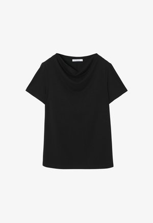 Zwarte top met korte mouwen en een gedrapeerde kraag. Gemaakt van zachte stof, met een relaxte pasvorm en een minimalistisch ontwerp.