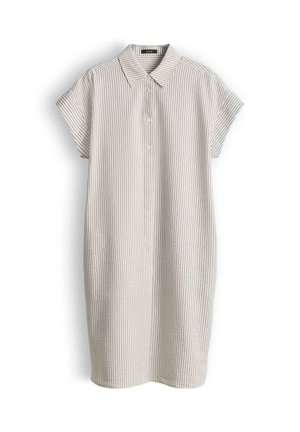 Short-sleeve, knee-length, light beige dress with vertical stripes, a collar, and a three-button placket at the front.