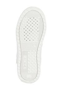 Semelle de chaussure en caoutchouc blanc avec motifs antidérapants texturés, trous de drainage et logo "GEOX" en relief. Présente des contours lisses et un design plat.