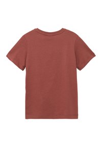 Roodkleurig T-shirt met korte mouwen en een ronde halslijn, gemaakt van zacht stof. Schone naden en een minimalistisch ontwerp, zonder patronen of graphics.