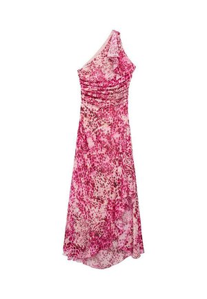 Abito a spalla unica in un motivo floreale rosa e crema, con arricciature, una spalla voluminosa e un orlo fluido con un design a strati.