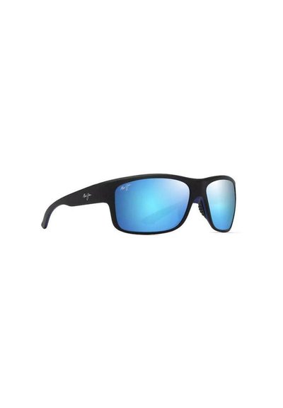 Gafas de sol de montura negra con lentes espejados azules y un diseño elegante. Presentan una geometría envolvente para mejorar la cobertura y protección.