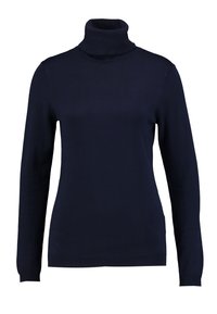 Pullover a collo alto blu navy realizzato in morbida maglia. Presenta maniche lunghe e polsini a coste, con una silhouette aderente.