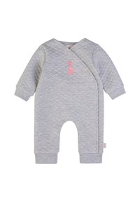 Babygrow grigio trapuntato con design a sarong, bottoni a pressione rosa e ricamo di giraffa sul petto. Tessuto morbido, maniche lunghe.