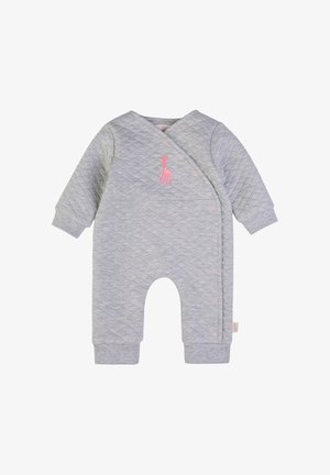 Babygrow grigio trapuntato con design a sarong, bottoni a pressione rosa e ricamo di giraffa sul petto. Tessuto morbido, maniche lunghe.