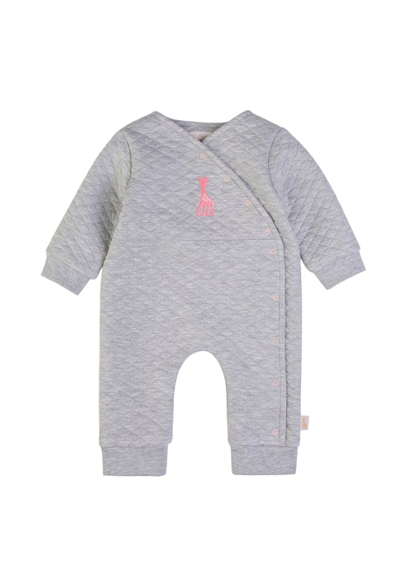 Babygrow grigio trapuntato con design a sarong, bottoni a pressione rosa e ricamo di giraffa sul petto. Tessuto morbido, maniche lunghe.