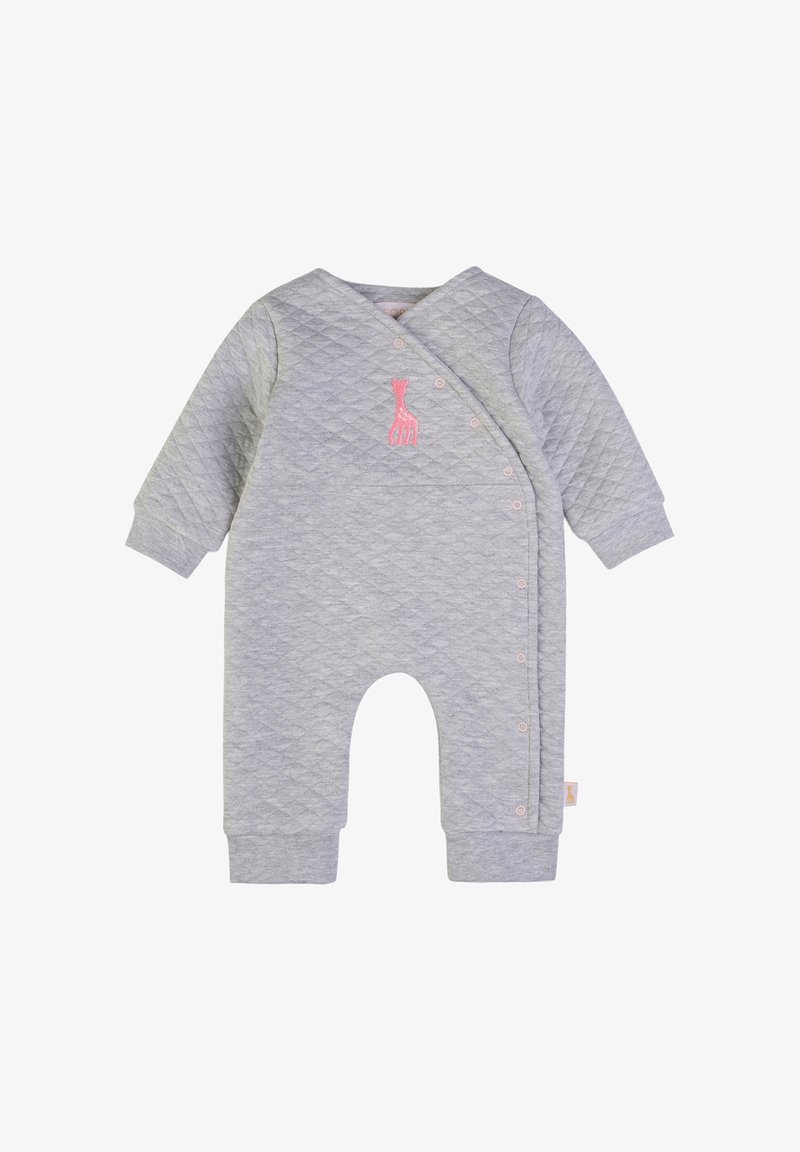 Babygrow grigio trapuntato con design a sarong, bottoni a pressione rosa e ricamo di giraffa sul petto. Tessuto morbido, maniche lunghe.