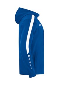 Blaues Hoodie mit glattem Stoff, weißen Seitenstreifen und runden Akzenten an den Ärmeln. Mit einer Kordelzugkapuze und einer Fronttasche.