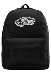 Sac à dos Vans noir avec poche avant zippée et écusson blanc "Vans Off The Wall" en forme de planche de skateboard.