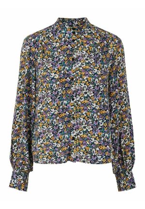 Blouse à manches longues boutonnée avec col montant, avec un motif floral dense en violet, jaune, blanc et vert sur un fond sombre.