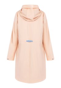 Căciulă impermeabilă roz deschis, cu glugă, mâneci lungi, elastic la talie și un accent albastru în spate. Textură netedă, design până la genunchi.