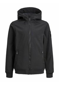 Veste noire à capuche avec fermeture éclair à l’avant, poches latérales zippées, poignets côtelés et un patch sur la manche gauche.