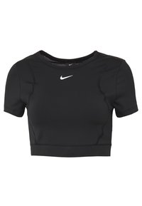 Musta urheilullinen lyhythihainen crop-top, joka on valmistettu joustavasta kankaasta. Ominaisuuksiin kuuluu pyöreä kaula-aukko, lyhyet hihat ja valkoinen Nike-logo rinnassa.