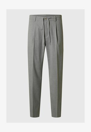 Light gray trousers featuring a drawstring waist, pleated front, tapered legs, and smooth fabric texture.