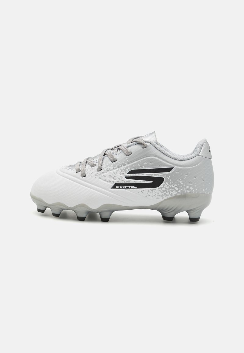 Light gray soccer cleat with textured upper, black accents, lace-up design, and a molded outsole featuring six conical studs for traction.