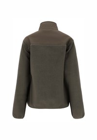 Olive green fleece jacket with a high collar, textured surface, and long sleeves, featuring a smooth panel on the upper back.