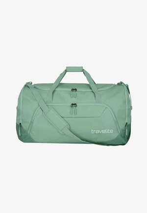 Bolsa de viaje tipo duffel en tela verde claro con compartimentos con doble cremallera, asas resistentes, correa de hombro ajustable y detalle del logo.