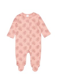 Tutina per bambini rosa a maniche lunghe con piedi, decorata da un motivo a ripetizione con il volto di Minnie Mouse, con chiusure frontali a scatto.