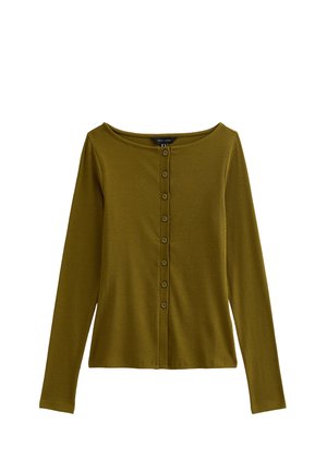 Long-sleeve top in olive green, featuring a wide neckline and a button-down front with six buttons, made of a soft, ribbed fabric.