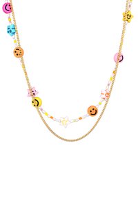 Farverig perlekæde med smiley-ansigt, blomst og stjerne charms, med en kæde i guldtoned og forskellige pastel perler.
